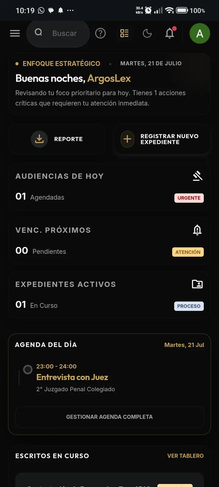 Dashboard móvil de ArgosLex