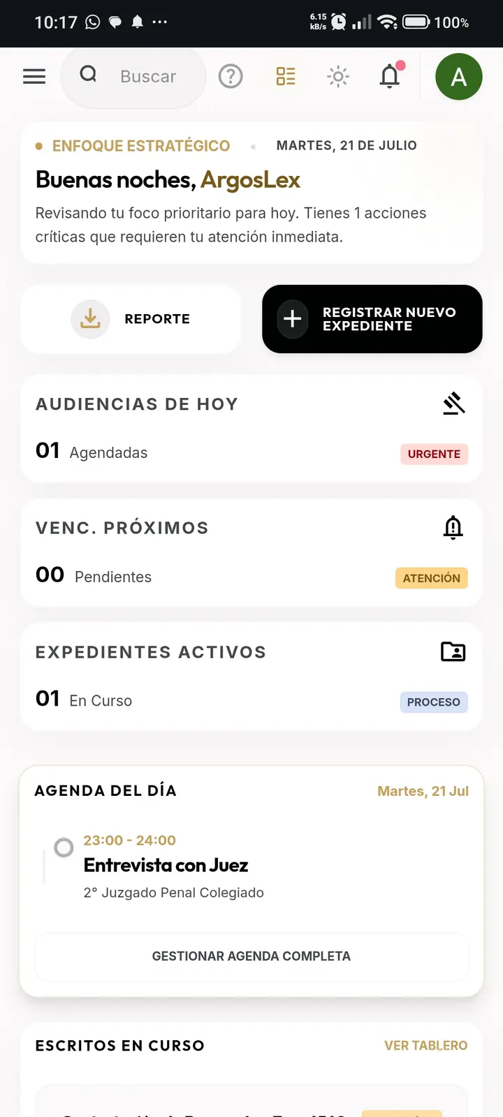 Dashboard móvil de ArgosLex