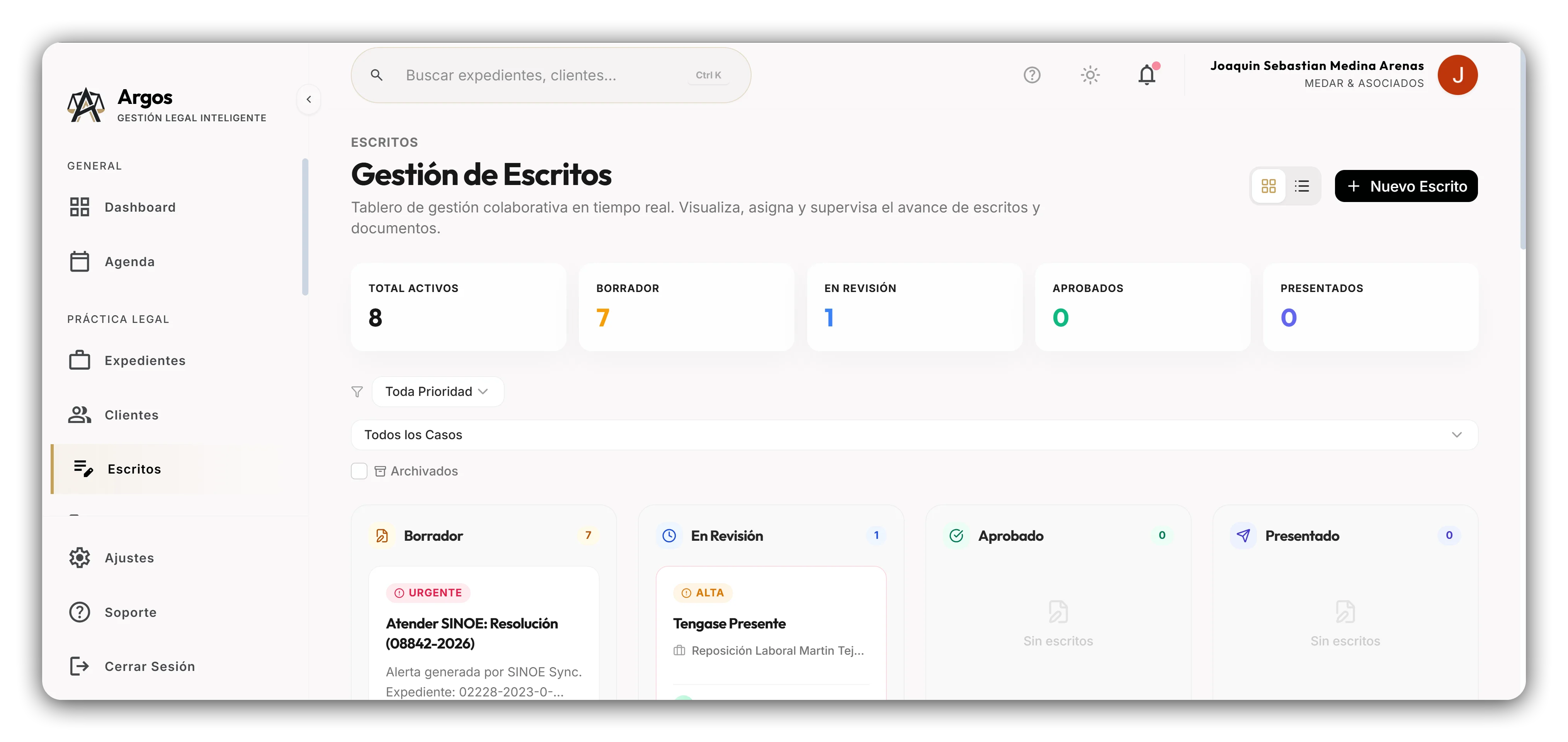 Tablero de gestión y seguimiento de escritos de ArgosLex