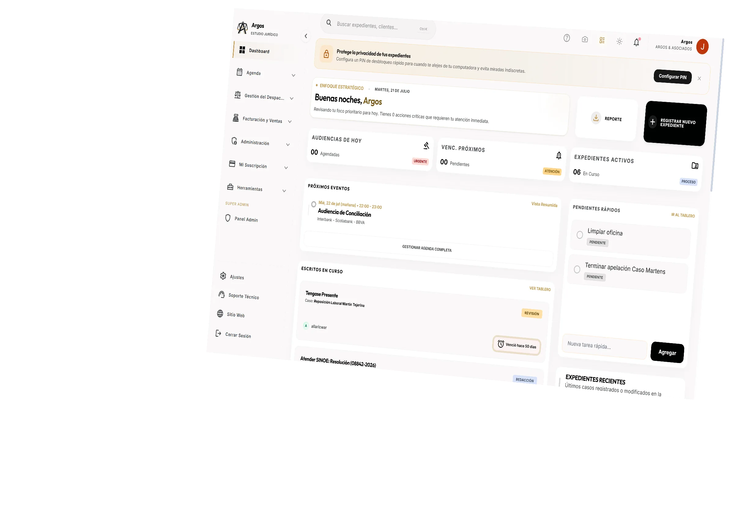 Dashboard de ArgosLex con audiencias, vencimientos y expedientes activos