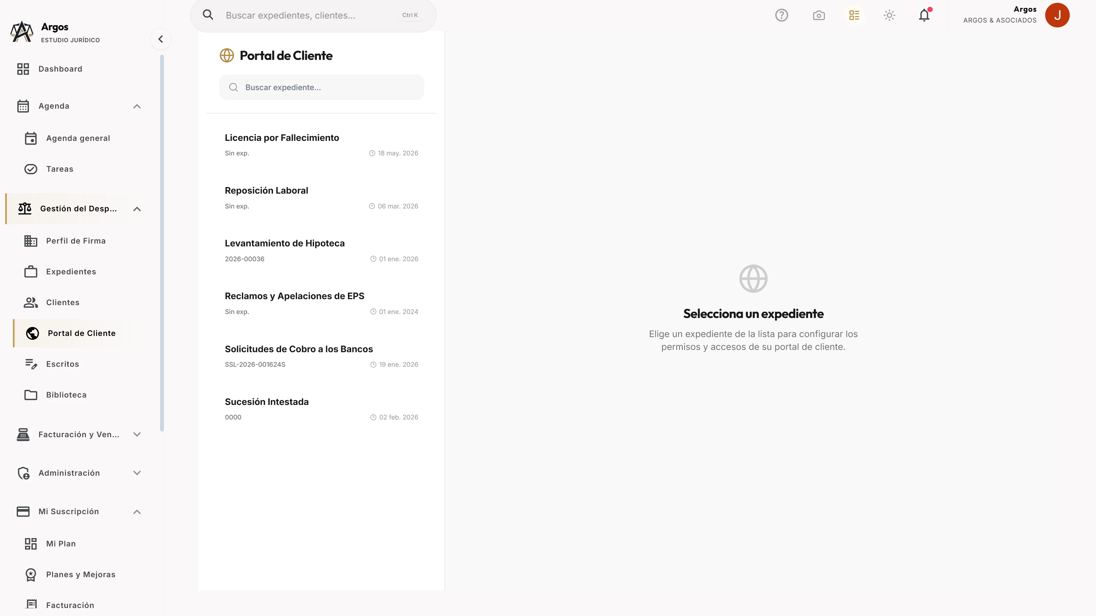 Gestión del portal privado para clientes de ArgosLex